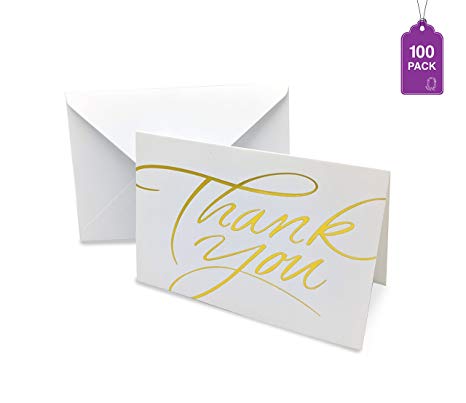 Thank You Cards Pack of 100 With Envelopes White With Gold Hot Stamped Greeting cards