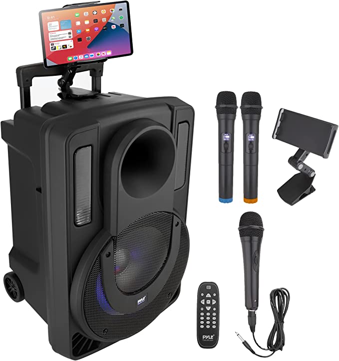 10’’ Portable PA Speaker System - Wireless BT Streaming PA & Karaoke Party Audio Speaker, Two Wireless Mic, Wired Microphone, Tablet Stand, Flashing Party Lights, MP3/USB//FM Radio - PHPWA10TB