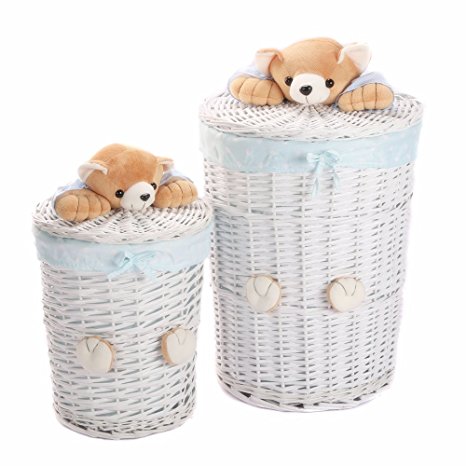 Storage Basket,Woven Wicker Round Laundry Hamper with Bear Head Lid,Kingwillow.(Set of 2,blue liner)