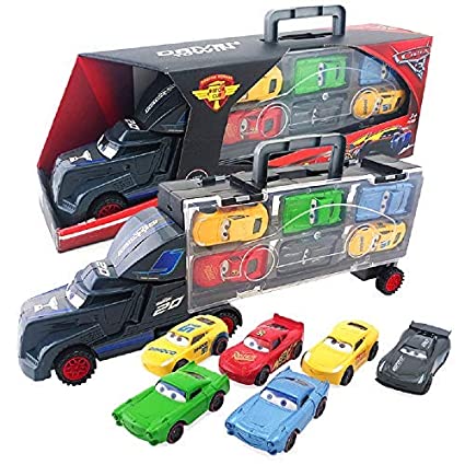 METRO TOY'S & GIFT 6 in 1 Vehicle Playsets McQueen Pixar Cars 3 Jackson Storm Daniel Swervez Mack Uncle Truck Hauler and 6PCS Mini Model Car Figure Toys for Kids