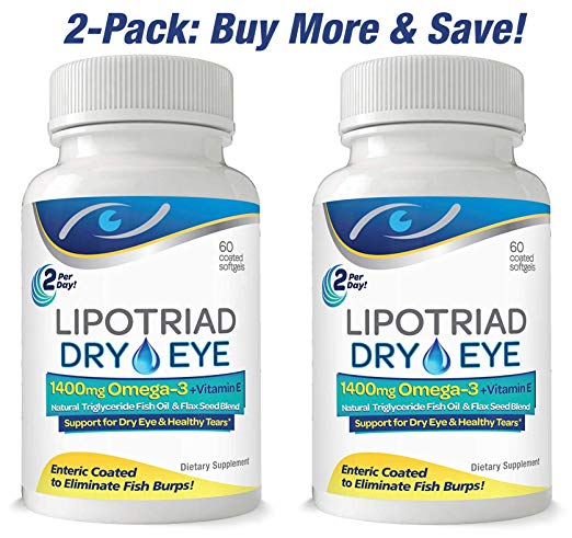 Lipotriad Dry Eye Formula - 1400mg Omega-3 Supplement –Natural Triglyceride Fish Oil   Organic Flax Seed and Vitamin E - Support for Natural Tear Production - 60 Enteric Coated Softgels – 2 Pack