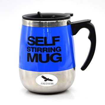 Freehawk Hot Sale Novelty Automatic Electric Stirring Coffee Mug Double Layer Stainless Steel Self Stirring Auto Coffee Mugs Self Mixing Cup for Morning, Office, Travelling in Blue (450ml/15.2oz)