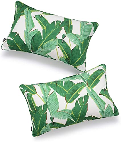 Hofdeco Tropical Indoor Outdoor Indoor Outdoor Pillow Cover ONLY, Water Resistant for Patio Lounge Sofa, Green Banana Leaf, 12"x20", Set of 2