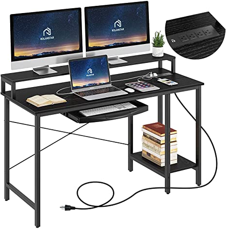 Rolanstar Computer Desk with Power Outlet and Keyboard Tray Monitor Stand 55", Home Office Writing Desk, Rustic Style Workstation Table with Storage Shelves,Stable Metal Frame, Black