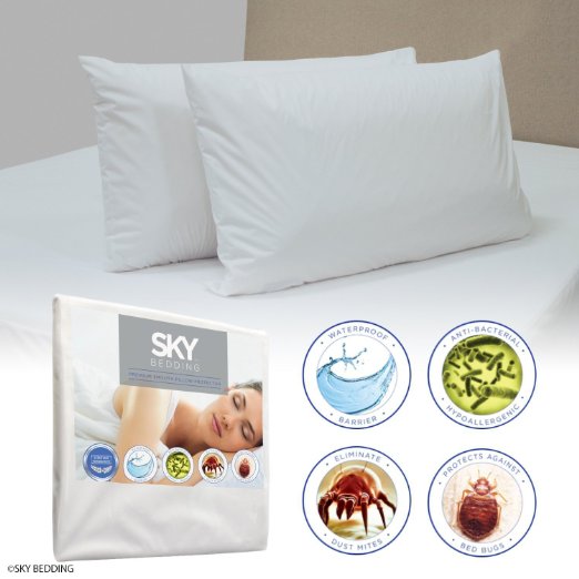 Sky Bedding Pillow Protector Case - 100% Waterproof - Protection From Bed Bugs and Dust Mites - Breathable Smooth Surface - Set of 2 - Queen Size
