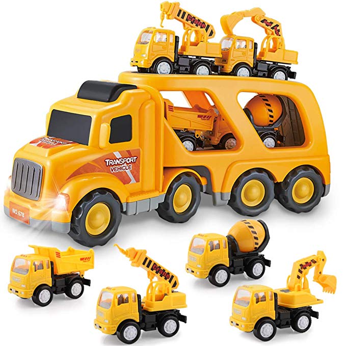 Construction Truck Set with Sound and Light, Play Vehicles in Friction Powered Carrier Truck, Car Toy Set for 3 4 5 6 7 Years Old Child Kids Boys and Girls, Small Crane Mixer Dump Excavator Toy