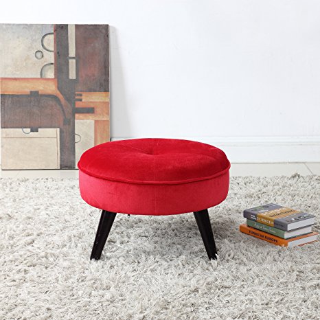 Classic Tufted Large Velvet Round Footrest / Footstool / Ottoman (Red)