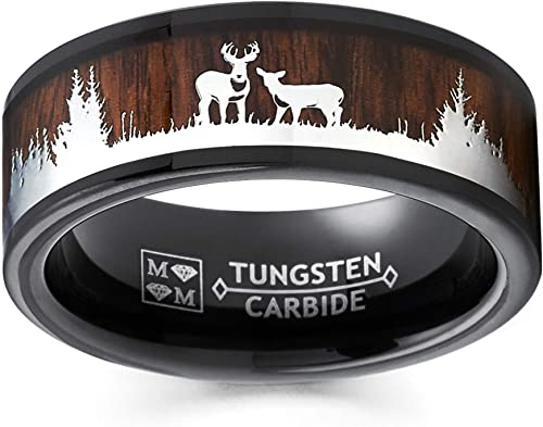 Metal Masters Co. Black Tungsten Hunting Ring Wedding Band Wood Inlay Deer Stag Silhouette