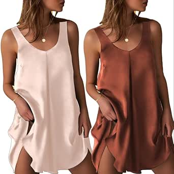 Ekouaer Women's 2 Pack Satin Silk Nightgown Sleeveless Sleep Dress V Neck Nightshirt Soft Tank Pleated Nightdress