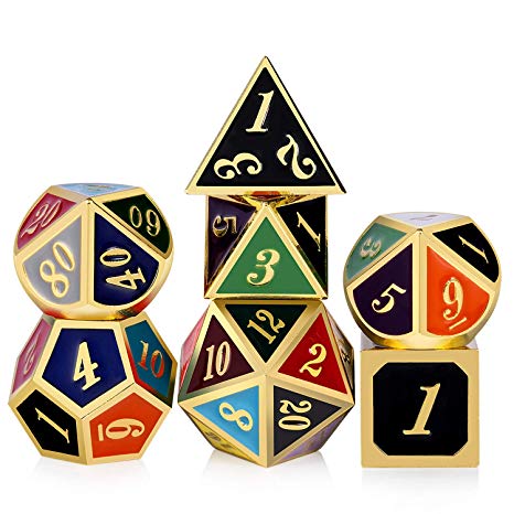 DND Metal Dice,DNDND 7 PCS Zinc Alloy Polyhedral Die with Free Metal Tin for Dungeons and Dragons D&D Roleplaying Table Games (Gold Number with 20 Colors)