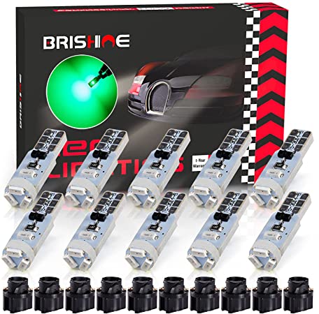 BRISHINE T5 37 74 2721 LED Bulbs Green with Twist Lock Socket, Canbus Error Free PC74 PC37 882 Dashboard Instrument Panel Light Gauge Cluster Dash Indicators AC LED Light Bulbs(Pack of 10)