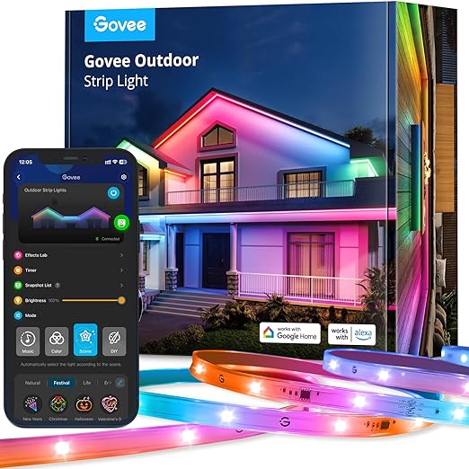 Govee Outdoor LED Strip Lights Waterproof 98.4ft, Christmas Decorations, WiFi RGBIC Outdoor LED Strip Lights Work with Alexa, App Control Outdoor Lights, Smart Outdoor Lights for Eaves, 1 Whole Strip