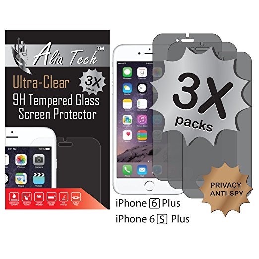 iPhone 6s Plus Screen Protector, 3 pack Alia Tech™ Anti-Spy Privacy Tempered Glass Screen Protector for iPhone 6/6 Plus, 0.3 mm, 2.5D, Easy Installation & Bubble Free, Best Screen Protection.