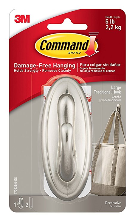 Command Traditional Medium Plastic Hooks, Brushed Nickel, 3-Hook