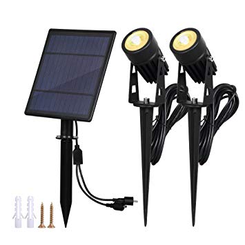 T-SUN 2W Solar Spotlights, IP65 Waterproof 9.8ft Cable Lenght 270° Angle Adjustable Auto On/Off with 2 Warm White Dual Spot Headlamp Garden Lamp Landscape Lamp for Tree,Patio, Yard, Garden.