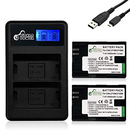 Pickle Power 2 Pack Compatibe Canon LP-E6 Canon LP-E6N Battery and Dual LCD Charger for Canon 5D Mark II III and IV 6D II 7D II 80D 70D 60D C700 XC15 BG-E14 BG-E13 BG-E11 BGE9 BGE7 BGE6 2400mAh LPE6