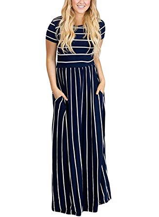HOTAPEI Women's Summer Casual Loose Striped Long Dress Short Sleeve Pocket Maxi Dress