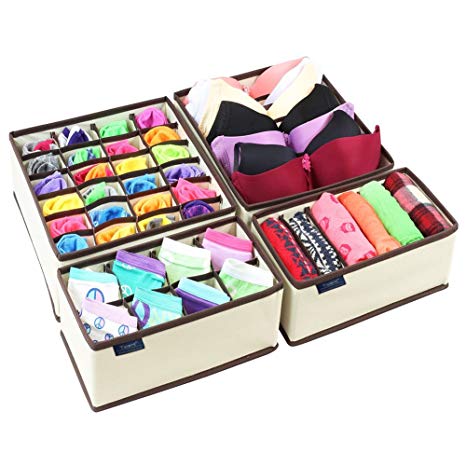 Ticent Bra Underwear Drawer Organiser, Collapsible Closet Dividers and Foldable Storage Box for Socks, Neck Ties, Scarves, and Handkerchiefs, Set of 4