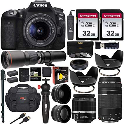 Canon 90D 3 Lens Kit 18-55mm 75-300mm and 500mm with Monopod, Camera Bag, Tabletop Tripod, Spare Battery, Memory Cards, Lens Filters Bundle