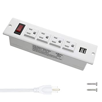 Recessed Power Strip Socket with Switch 4 Power Outlets 2 USB Hubs with 2 Screws White (4AC&2USB)