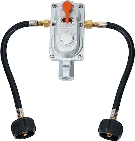 Skyflame RV Propane Regulator for Dual Tanks, 2 Stage Auto Changeover LP Regulator with 2PCS 12 Inch Pigtails for RV Trailers Camper, Vans/Trailers Primary Cylinder