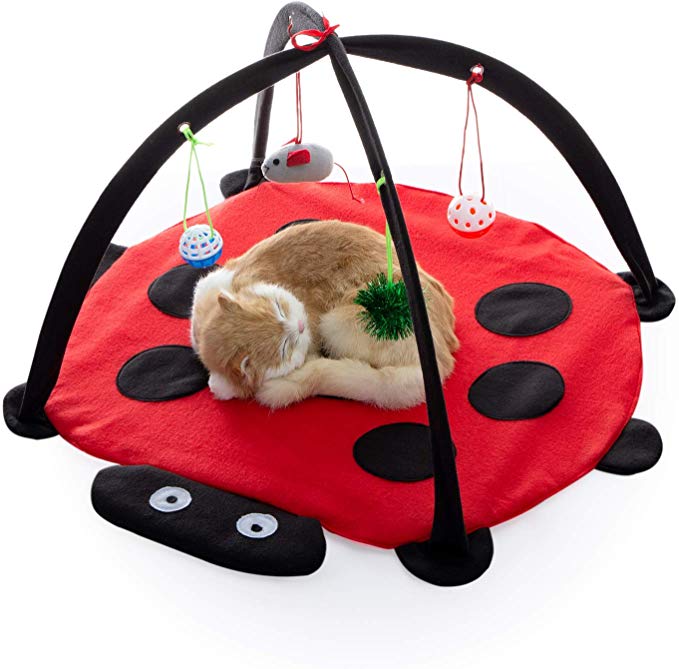 Tofern Multi-Function Pet Kitten Cat Interactive Activity Soft Fleece Folding Toy Mat Bed Hammock Tent With Hanging Mouse Bell Balls, red
