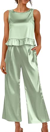 Ekouaer Womens Satin Pajamas Set 2 Piece Silk Outfits Sleeveless Tank Crop Wide Leg Pants Sleepwear with Pockets