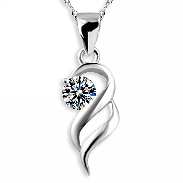 Beautiful Cubic Zirconia with S925 Sterling Silver Necklace Angel Wing Pendant 18