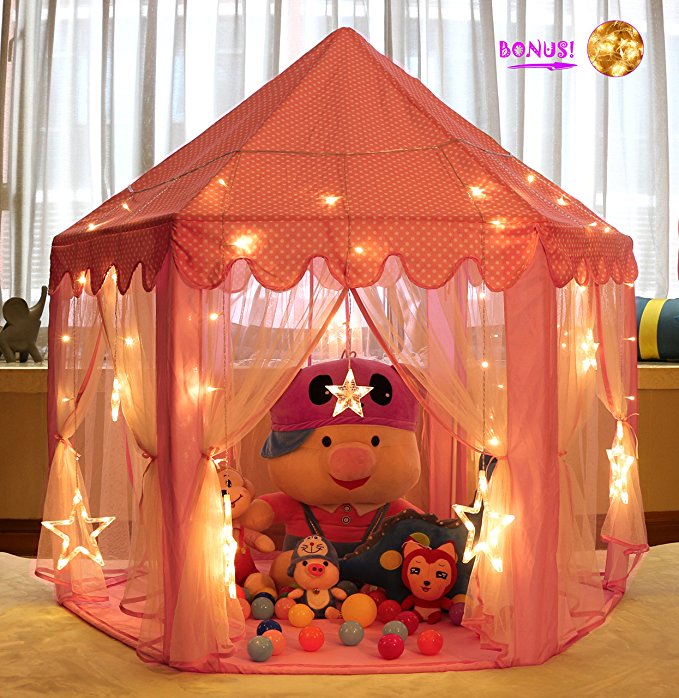 Monobeach Princess Tent Girls Large Playhouse Kids Castle Play Tent 20 Feet Star Lights Children Indoor Outdoor Games, 55'' x 53'' (DxH)