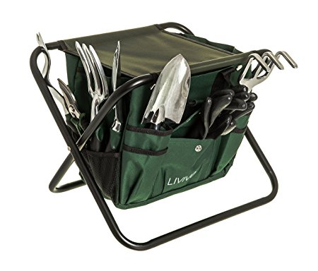 LIVIVO ® Folding Gardening Tool Stool Set with 5 Essential Garden Hand Tools – Includes Dibber, Cultivator, Fork, Broad Trowel, Narrow Trowel and Gardening Gloves – Detachable Clip On Bag with Carry Handles for Collecting Garden Waste and Storing Tools for Quick and Easy Access – A Must Have Accessory for Any Green Fingered Fanatic