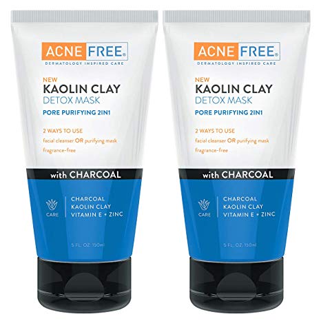 AcneFree Kaolin Clay Detox Mask Pack of 2, 5oz each, With Charcoal, Kaolin Clay, Vitamin E   Zinc, Cleanser or Mask for Oily Skin, to Deeply Clean Pores and Refine Skin