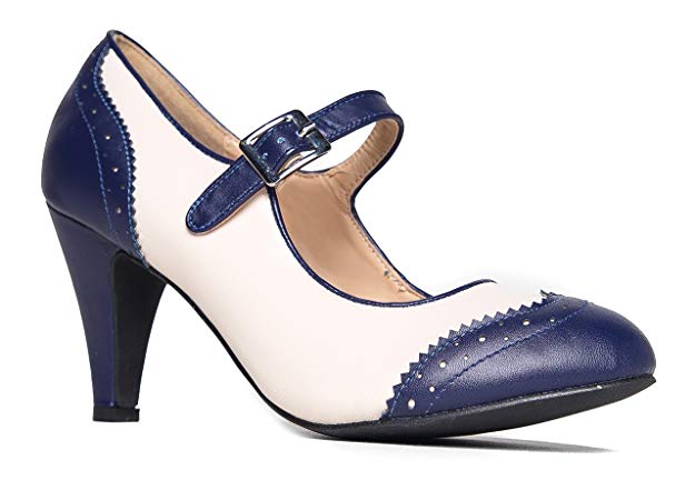 J. Adams Mary Jane Oxford Pumps - Cute Low Kitten Heels - Retro Round Toe Shoe with Ankle Strap - Kym by