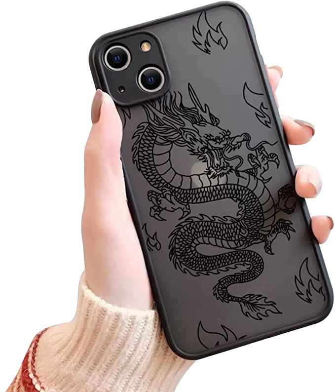 Ownest Compatible with iPhone 13 Case for Clear Animal Dragon Cartoon Pattern Frosted PC Back 3D and Soft TPU Silicone Shockproof Protective Case for iPhone 13-Black-H