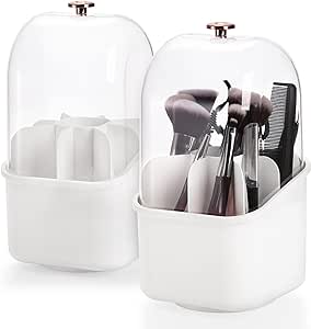 Fasmov 2 Pack Makeup Brush Holder Organizer, 360 Rotating Makeup Organizer with Clear Cover Cosmetics Storage Display Case, 8 Compartment Cosmetic Display Case for Vanity Desktop Bathroom Countertop