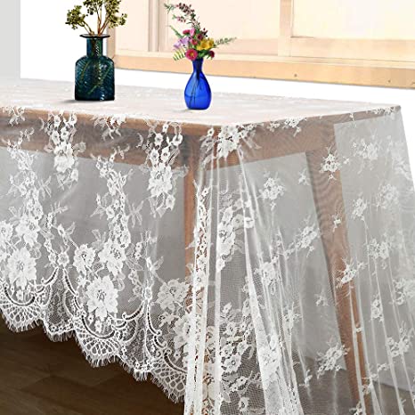 B-COOL White Lace Table Cloth 60x120 Inch Embroidered Lace Linens Kitchen Table Cover White Tablecloth