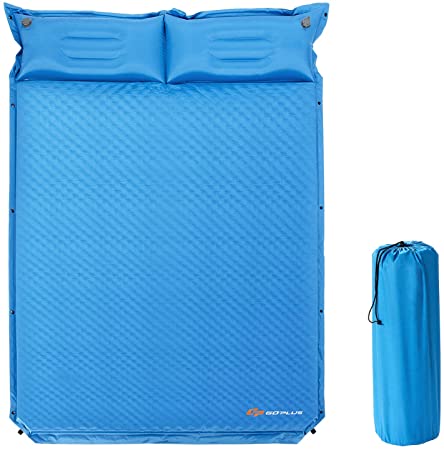 COSTWAY Self Inflating Camping Mat, Double Size Sleeping Pad with Pillows, Waterproof Outdoor Foam Air Mattress for Backpacking Hiking Traveling