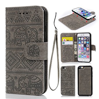 iPhone 6 6S Case, Wallet Case PU Leather Oil Wax Elephant Pattern Folio Flip Cover Detachable Case with Magnetic Closure Credit Card Slot for iPhone 6 6S Gray