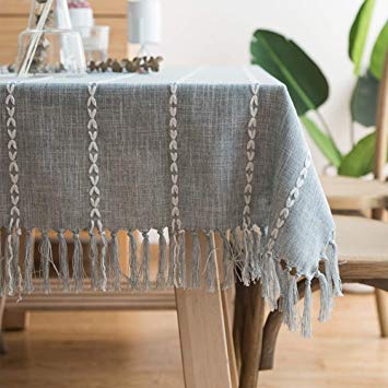Cotton Linen Stripe Tassel Tablecloth, Retro Dust-Proof Table Cover, for Kitchen Dinning Tabletop, Square Rectangle-Gray 90 * 150cm