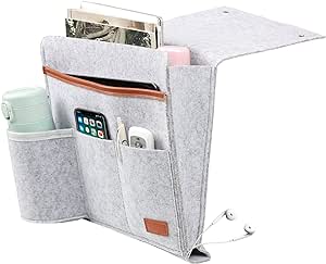 Surblue Bedside Caddy Felt Bedside Storage Organizer with Water Bottle Holder for TV Remote Control Phone Glasses Magazine 7 Pockets(Light Grey)