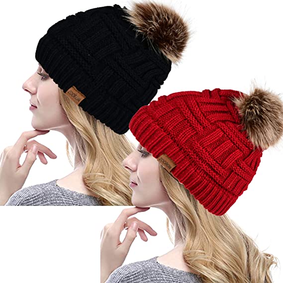 ZOORON 2 Pack Pom pom Beanie for Women,Faux Fur Winter Soft Warm Beanie Hat Cable Knit Slouchy