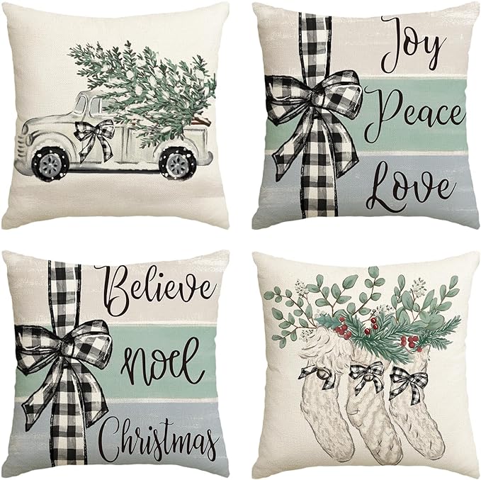 AVOIN colorlife Christmas Tree Truck Stocking Eucalyptus Buffalo Plaid Throw Pillow Covers, 18 x 18 Inch Winter Joy Holiday Cushion Case Decoration for Sofa Couch Set of 4