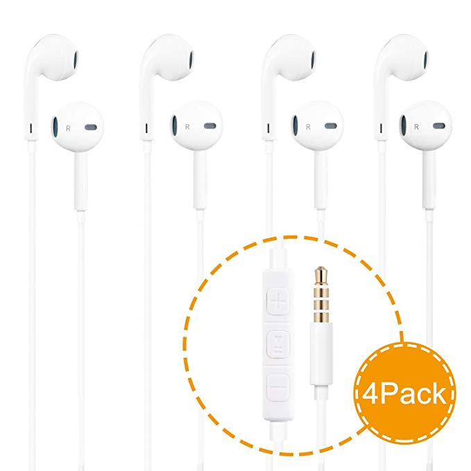 Headphones, 4Pack Earbuds Earphones with Built-in Mic for iPhone 6/6 Plus,6s/6s Plus,iPhone SE 5s 5c,iPad/iPod,Smartphone and Other Devices with 3.5mm Audio Port