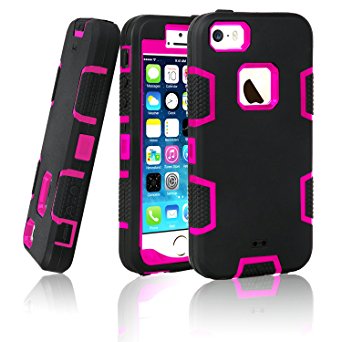 iPhone 5S Case, iPhone SE Case, EC™ 3in1 Shock Absorbing Case, Rubber Combo Hybrid Impact Silicone Armor Hard Case Cover for Apple iPhone 5S/5/ iPhone SE 2016 (C-Hot Pink/Black)