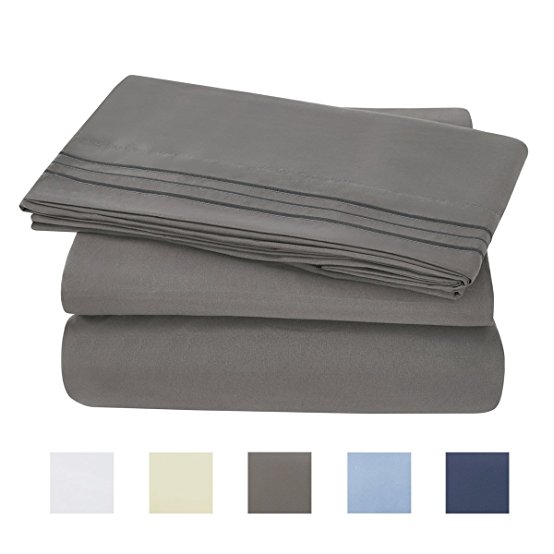 Bed Sheet Set - Brushed Microfiber 1800 Bedding 4 Piece 105 GSM -Wrinkle, Fade, Stain Resistant ,Hypoallergenic (Grey, Queen)