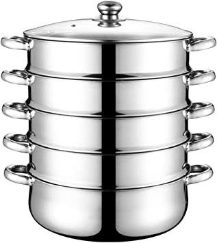 DOITOOL Stainless Steel Steamer Pots, 5 Tier Steamer Cooking Pots, Steam Soup Pots with Lid, Cookware Steaming Pots (5 Layers 28cm)