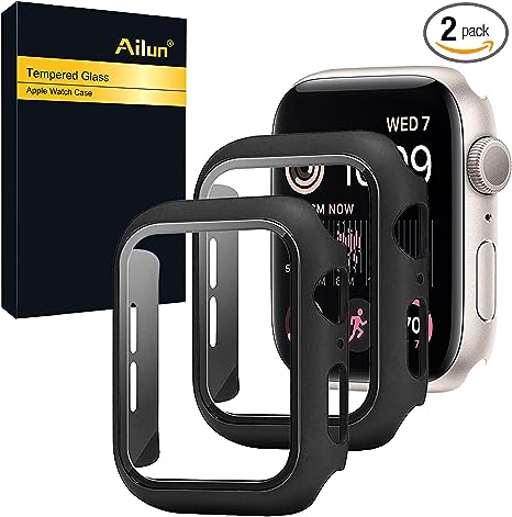 Ailun for Apple Watch SE 2022/SE 2020, Series 6/5/4 Screen Protector [40mm], Ultra-Thin Hard PC Case Built in Tempered Glass Screen Protector for iWatch, Shockproof Cover with Button [2 Pack][Black]