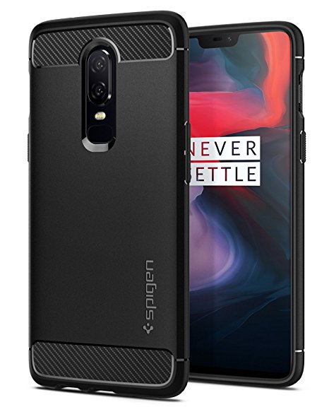 Spigen Rugged Armor OnePlus 6 Case with Flexible and Durable Shock Absorption with Carbon Fiber Design for OnePlus 6 (2018) - Black