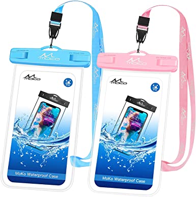 MoKo Waterproof Phone Pouch [2 Pack], Underwater Phone Case Dry Bag with Lanyard Compatible with iPhone 14 13 12 11 Pro Max X/Xr/Xs Max/SE 3, Samsung S21/S10/S9, Note 10/9/8