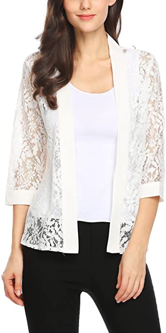 Grabsa Women's Casual 3/4 Sleeve Cover Up Floral Lace Shrug Kimono Open Front Cardigan