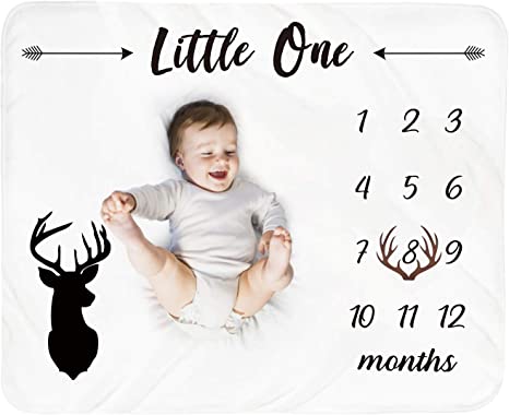 Baby Monthly Milestone Blanket Boy - Newborn Month Blanket Unisex Neutral Personalized Shower Gift Deer Antlers Nursery Decor Photography Background Prop with Frame Large 51''x40''
